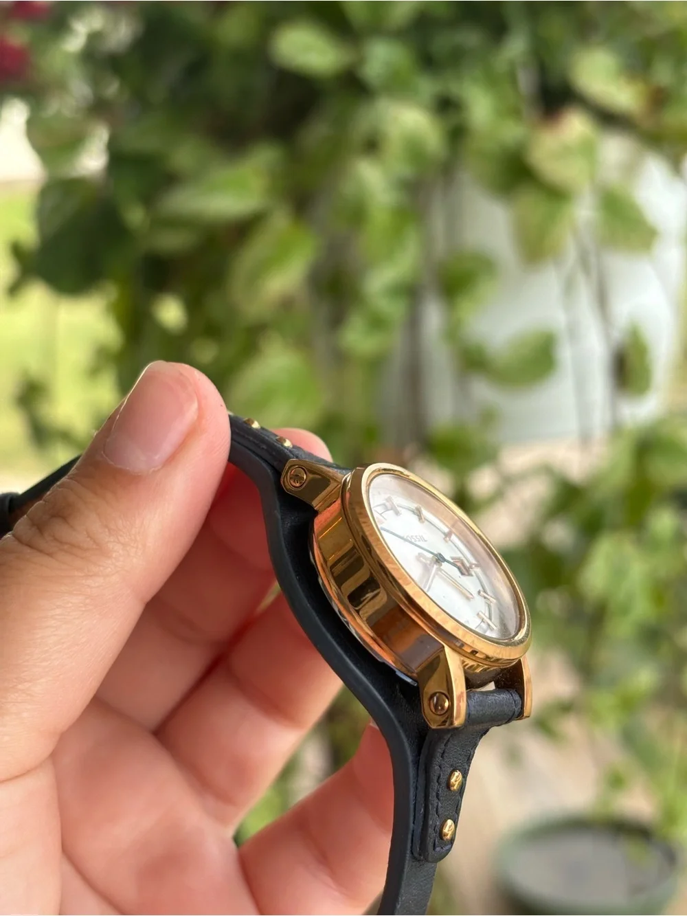 Fossil boyfriend rose Gold-Tone Round Watch with navy Leather Strap